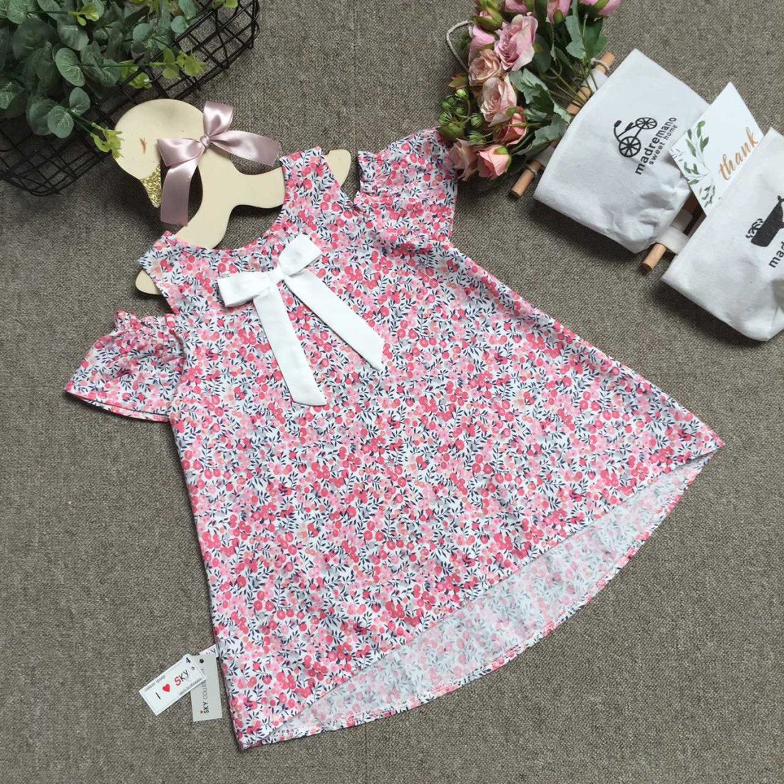 Áo váy dáng A tay trễ hoa size 4-8-